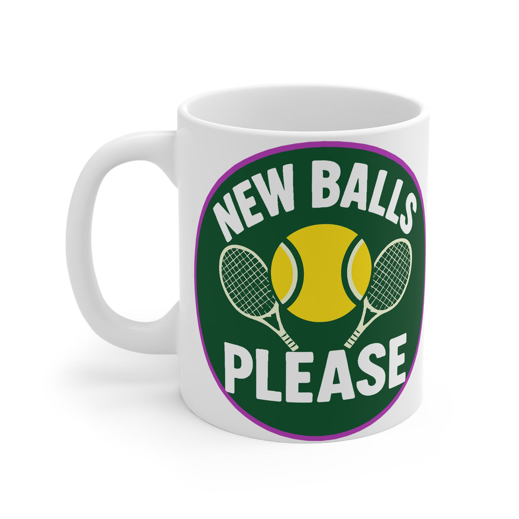 White mug with tennis-themed design and text 'New Balls Please' on a white background