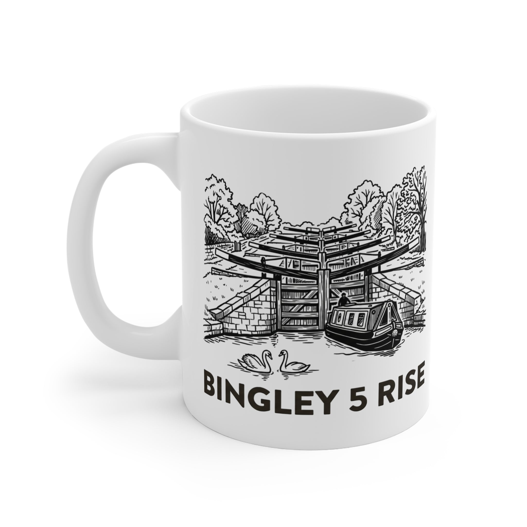 Bingley 5 Rise Locks Canal  White Mug — Narrowboat & Historic Lock Illustration Coffee CuP