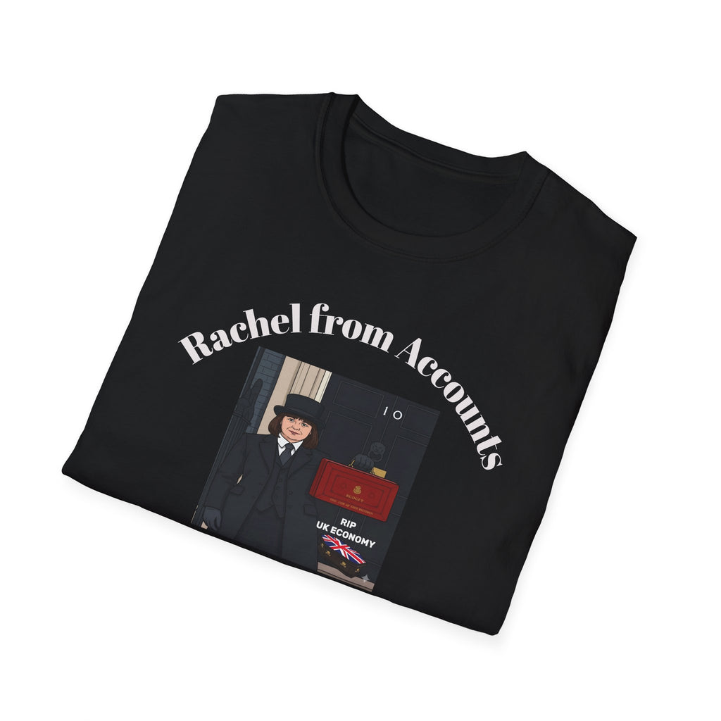 Folded  t-shirt with graphic design.RIP UK Economy 'Rachel From Accounts Fixed It' Funny Political Satire T-Shirt