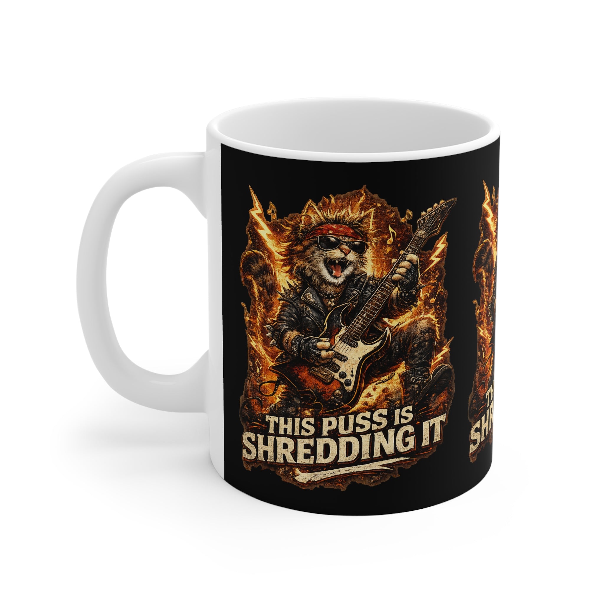 Rock Cat Guitar Mug — "This Puss Is Shredding It" 11oz Coffee Cup 