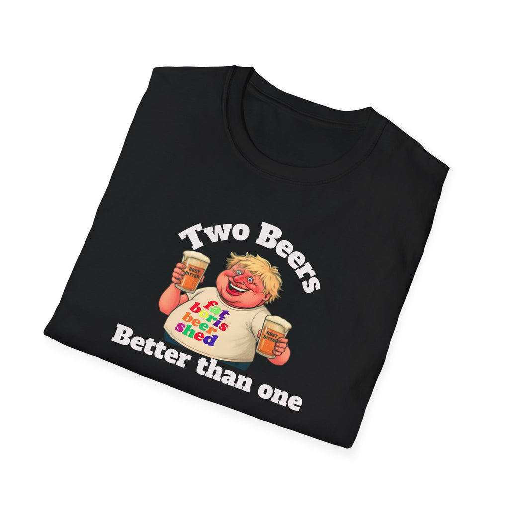folded Black t-shirt with a graphic of a man holding two beers and text 'Two Beers Better than one' on a white background.