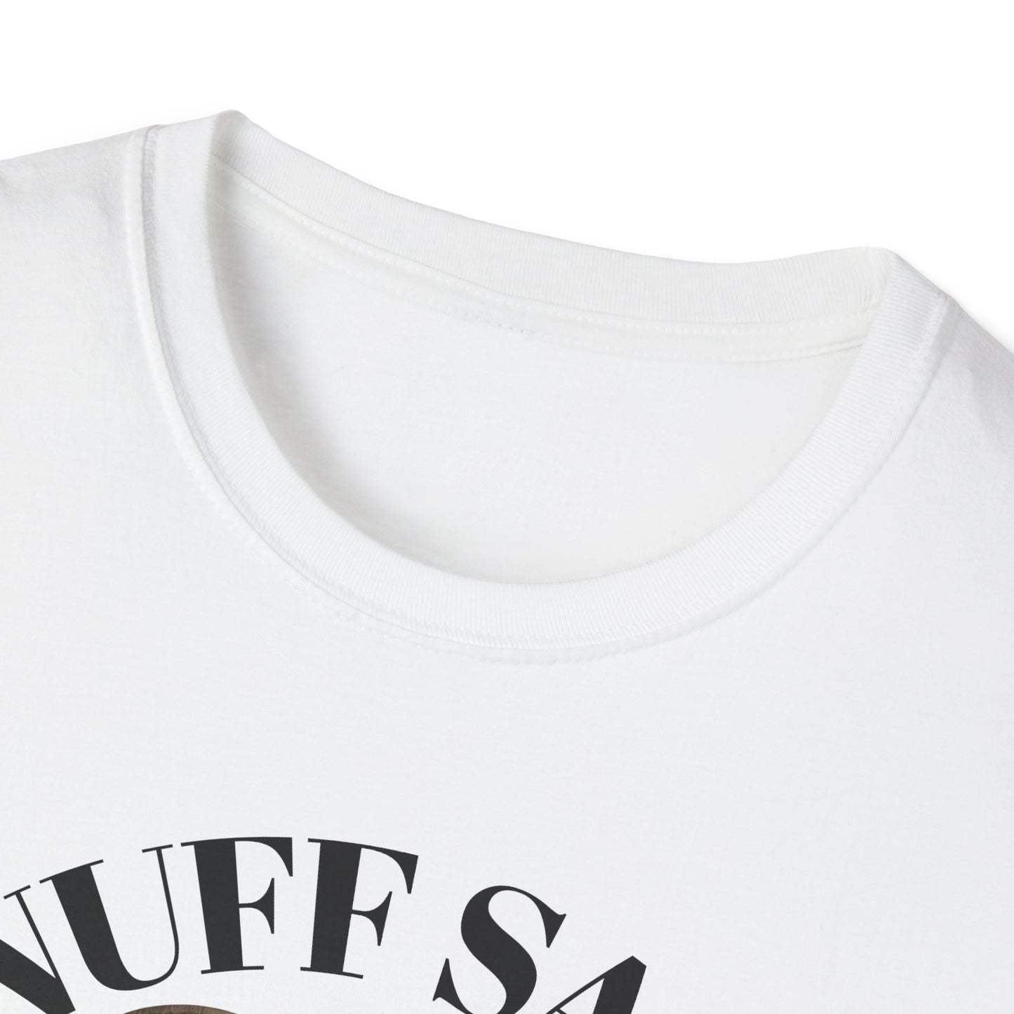 White t-shirt with black text on a white background