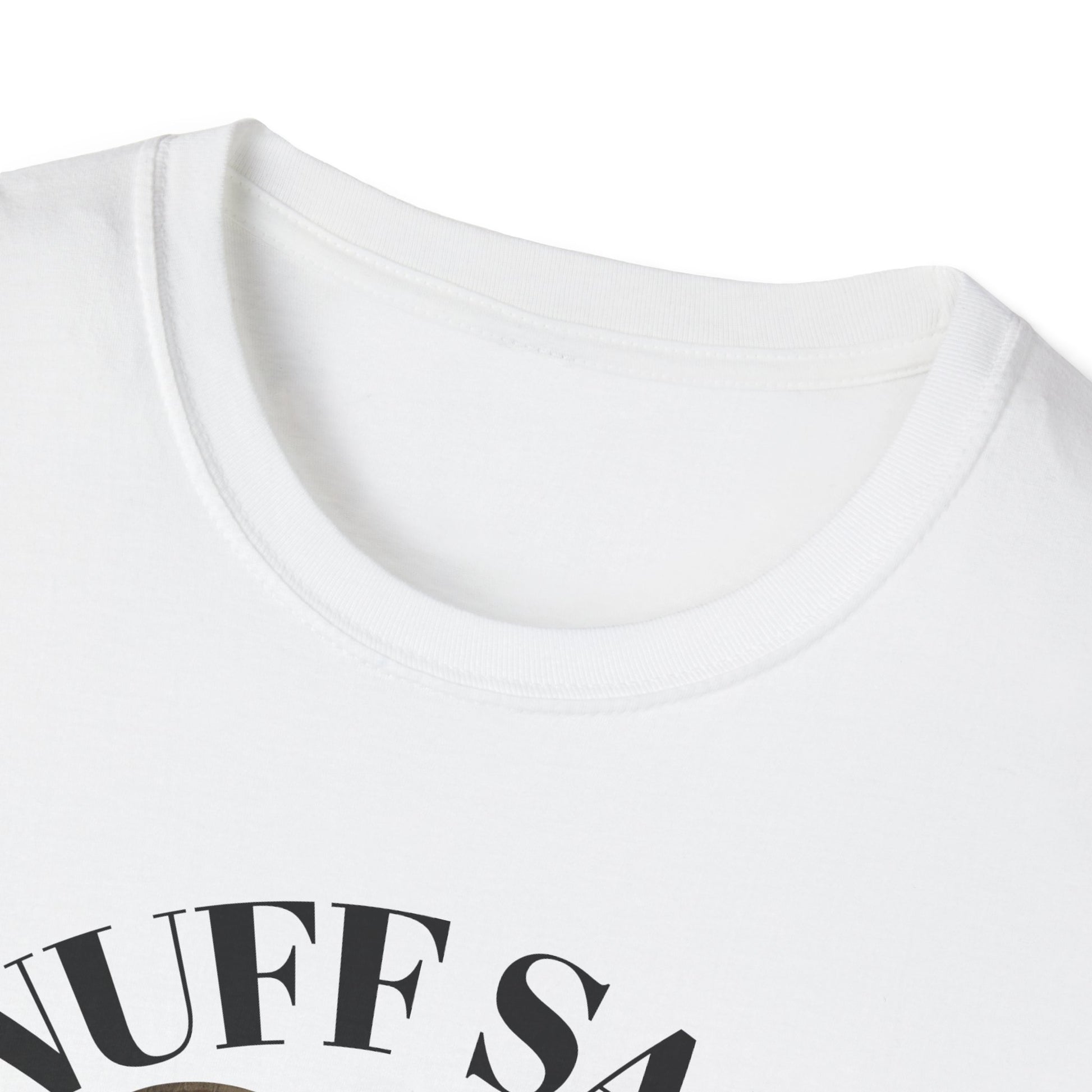 White t-shirt with black text on a white background