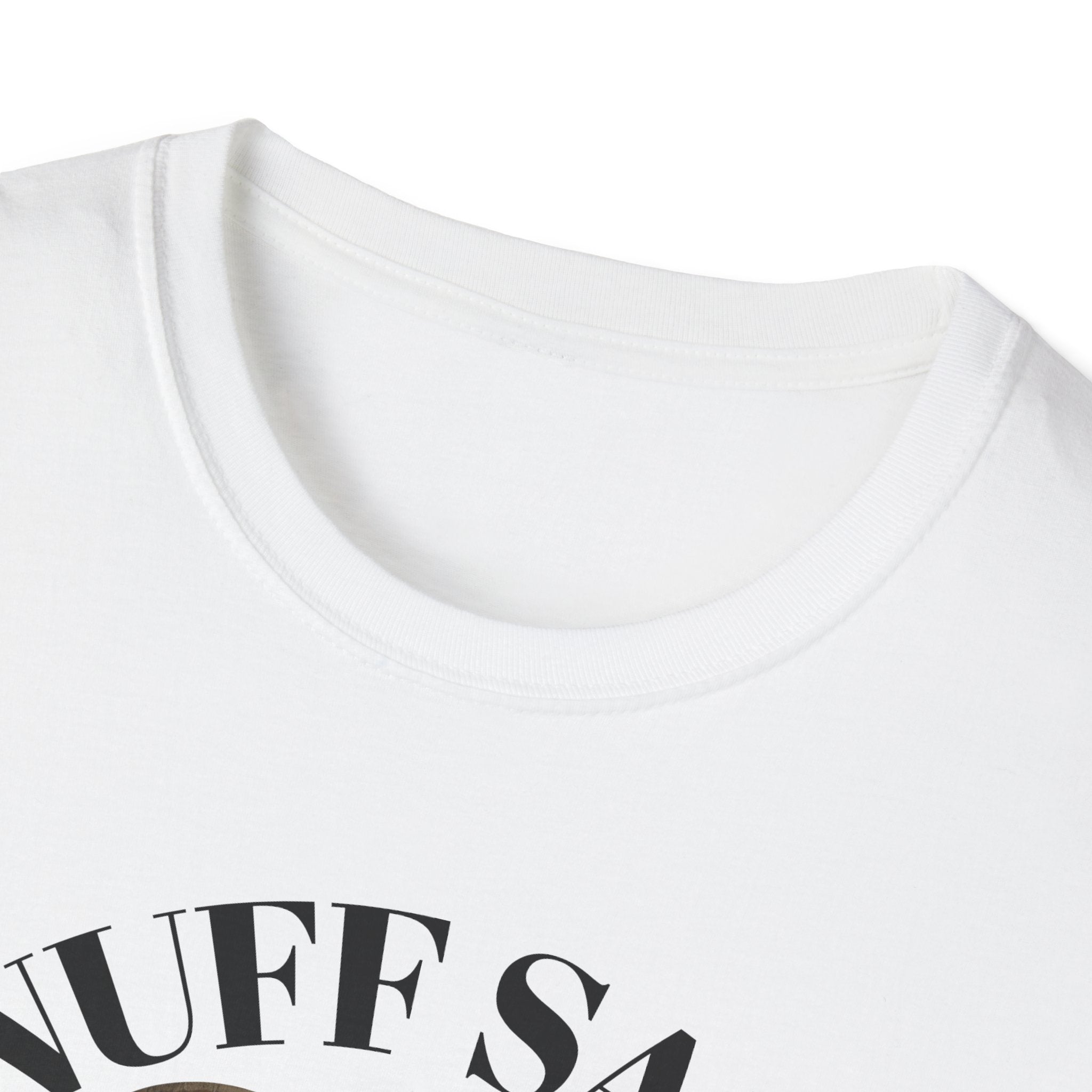 White t-shirt with black text on a white background