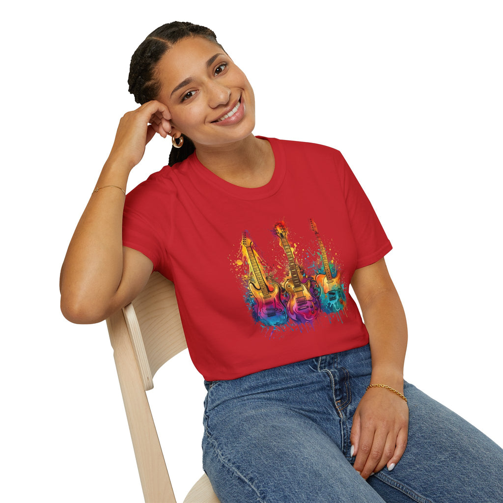 Vivid Paint Splash Design Three Guitars Trio T-Shirt — Colourful  Musical Instrument Tee