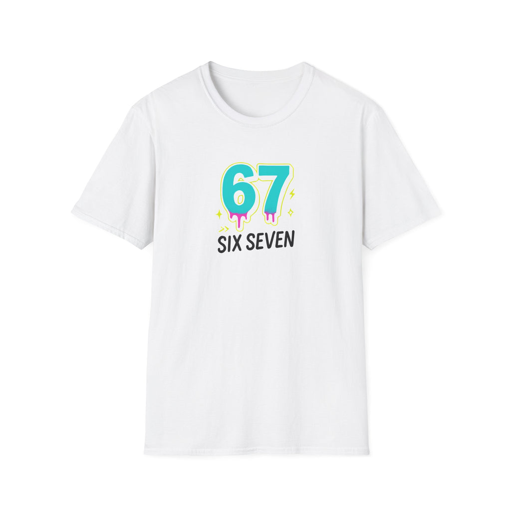 White t-shirt with '67 SIX SEVEN' design on a white background