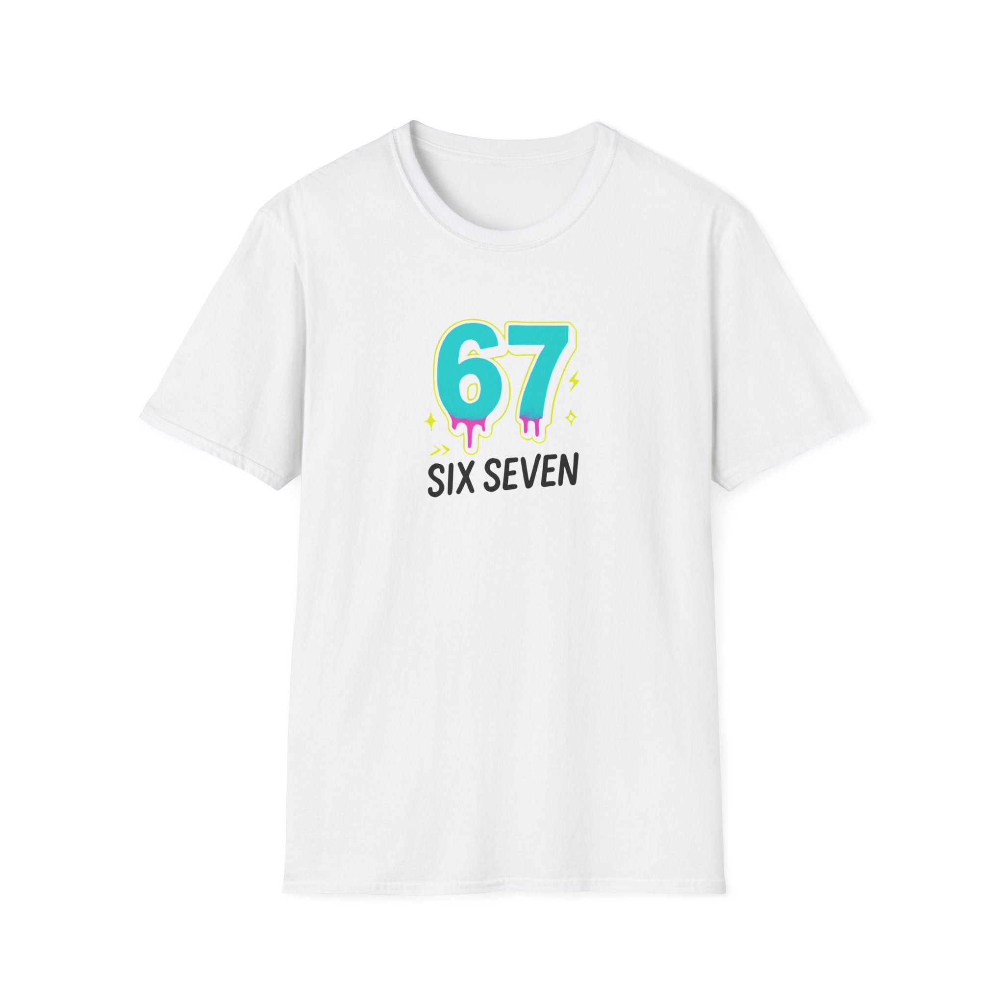 White t-shirt with '67 SIX SEVEN' design on a white background