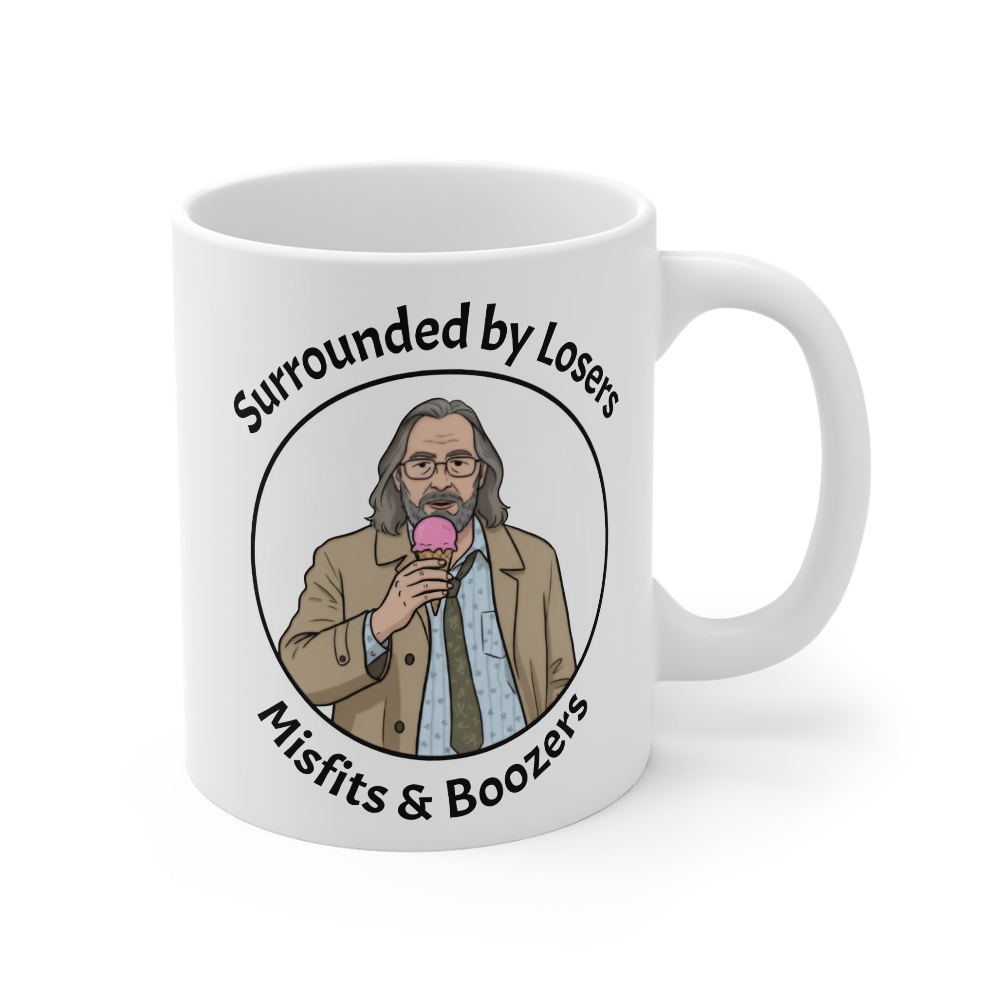 Jackson lamb Mug with a graphic of a man holding a pink ice cream cone and text 'Surrounded by Losers, Misfits & Boozers' on a white background.