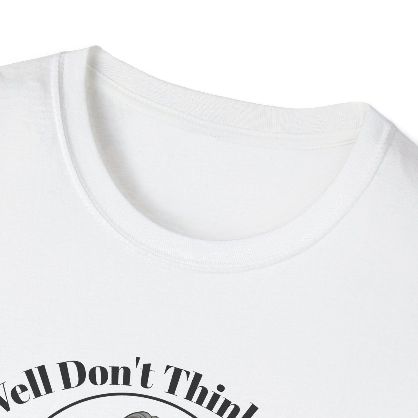 White t-shirt close up view of collar Jackson lamb caricature with graphic design and text on a white background