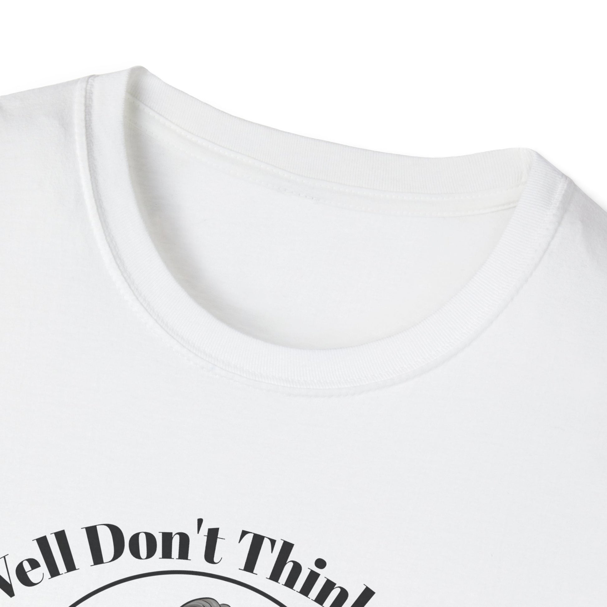 White t-shirt close up view of collar Jackson lamb caricature with graphic design and text on a white background