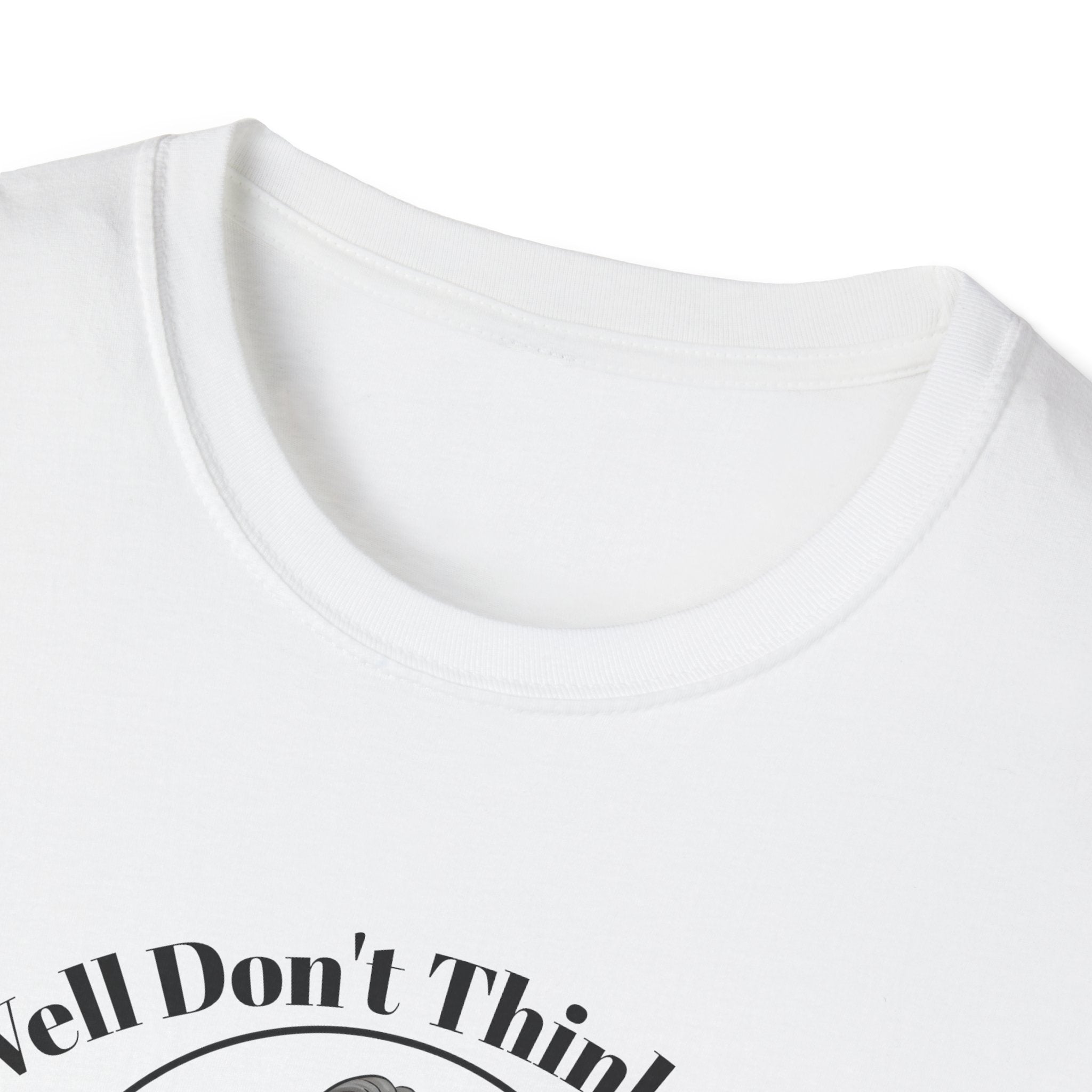 White t-shirt close up view of collar Jackson lamb caricature with graphic design and text on a white background