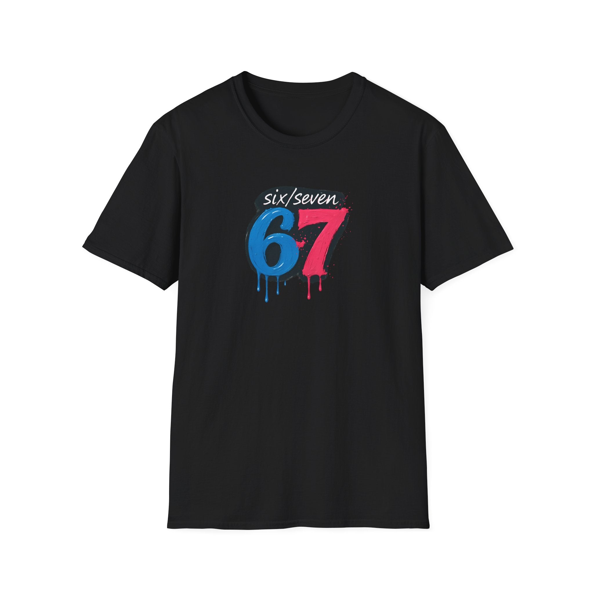 Black t-shirt with 'six/seven 67' design on a white background