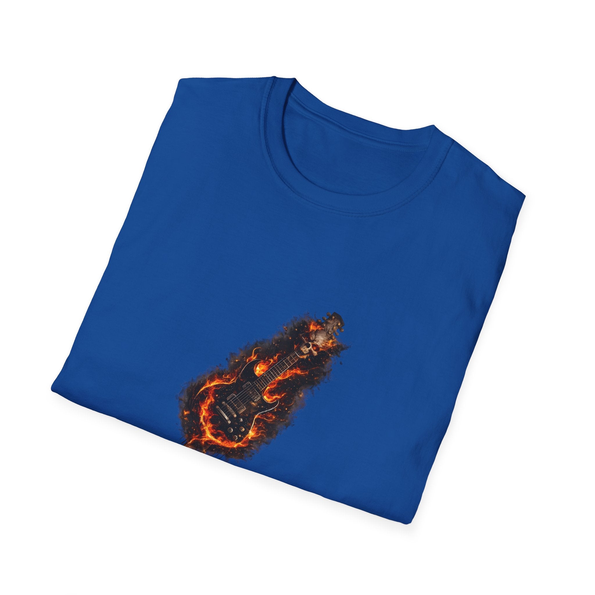 Flaming skull guitar heavy metal design with fire flames wrapping around electric guitar body