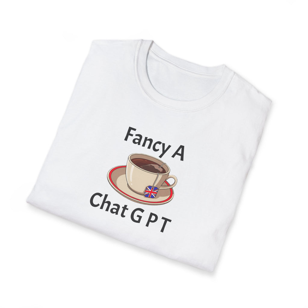 folded  White t-shirt with a graphic of a coffee cup and saucer on a white background with text "fancy a chat gpt"