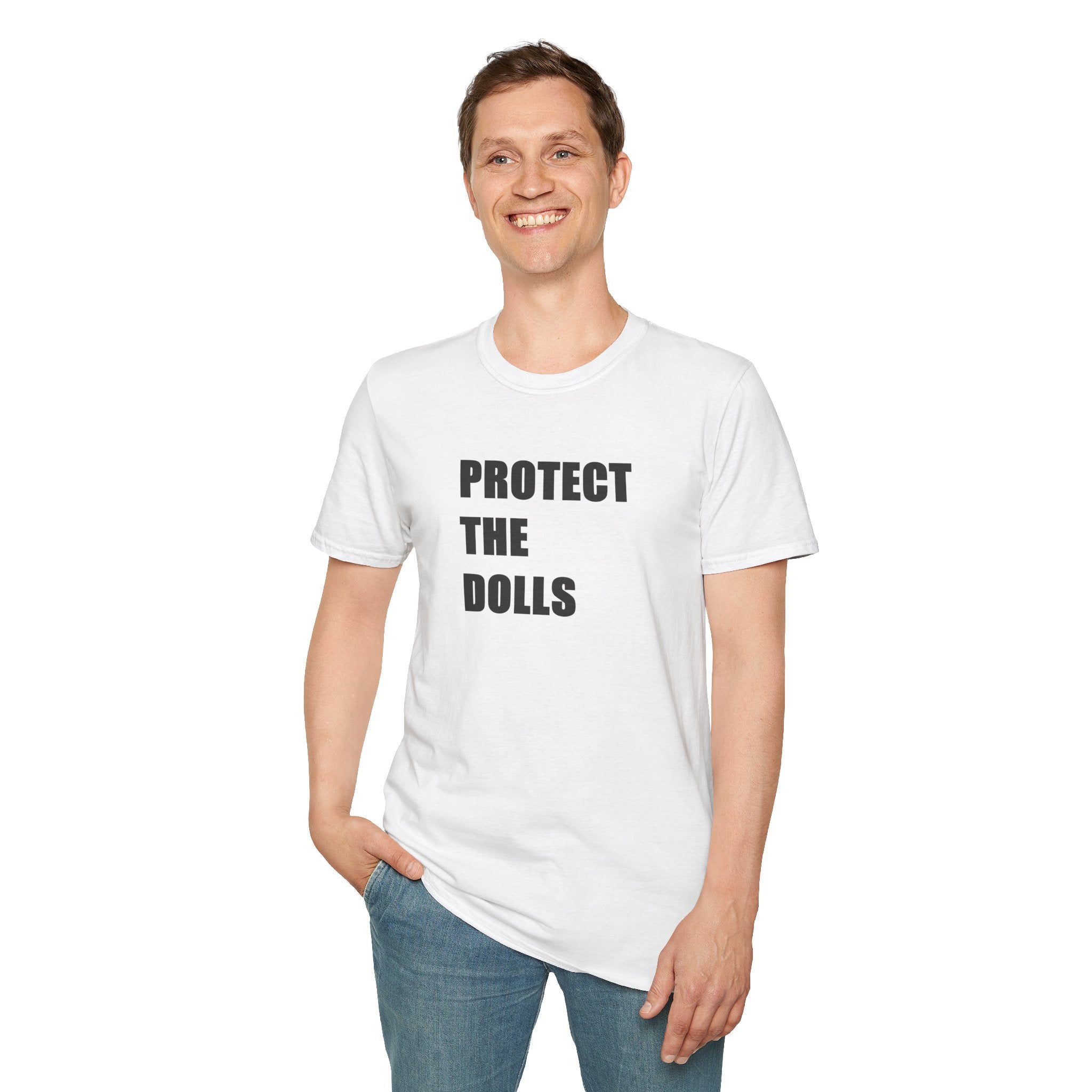 Person wearing a white t-shirt with 'PROTECT THE DOLLS' text on a white background