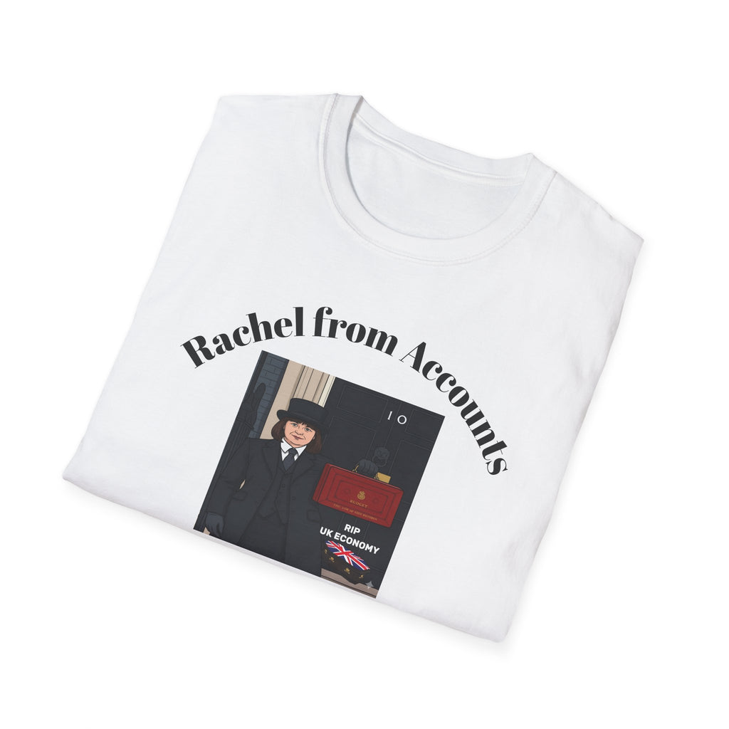 Folded  white  t-shirt with graphic design.RIP UK Economy 'Rachel From Accounts Fixed It' Funny Political Satire T-Shirt