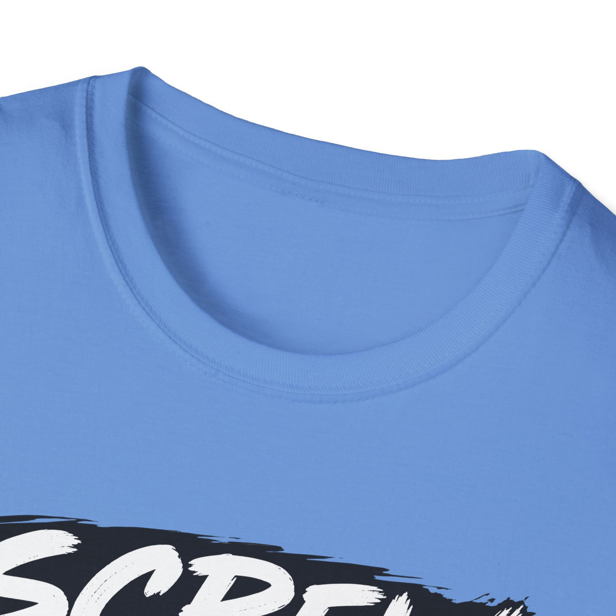 Close-up of a light blue crewneck t-shirt showing the inner collar and part of a black and white graphic print at the bottom.