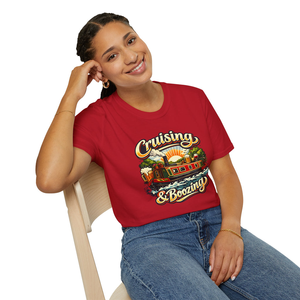 Person wearing a red t-shirt with 'Cruising & Boozing' graphic design.
