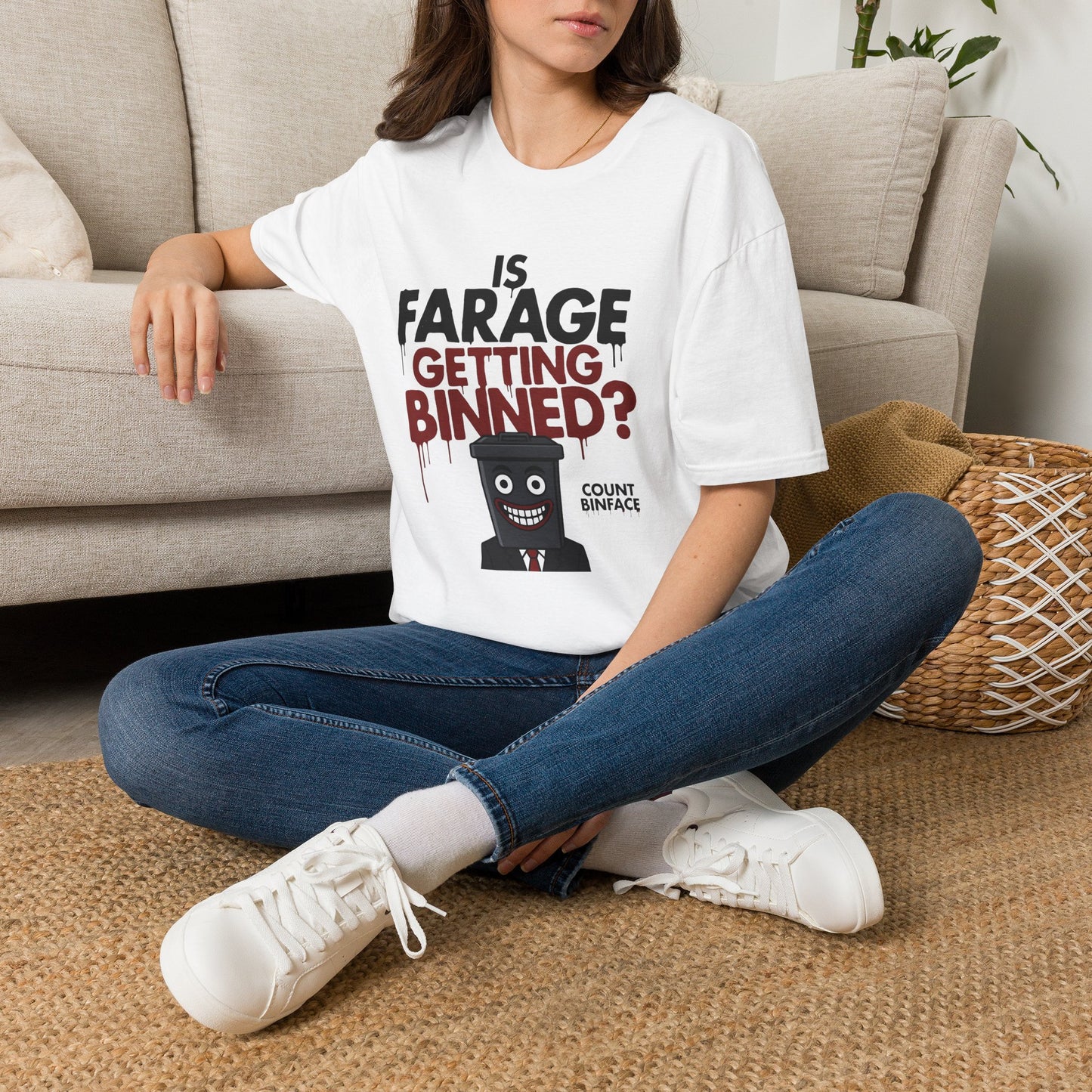 Is Farage Getting Binned? Political Satire T-Shirt | Nigel Farage Count Binface Meme Printify