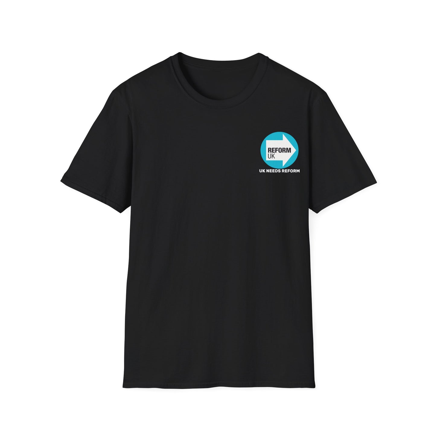  A black t-shirt with reform UK a logo on a white background