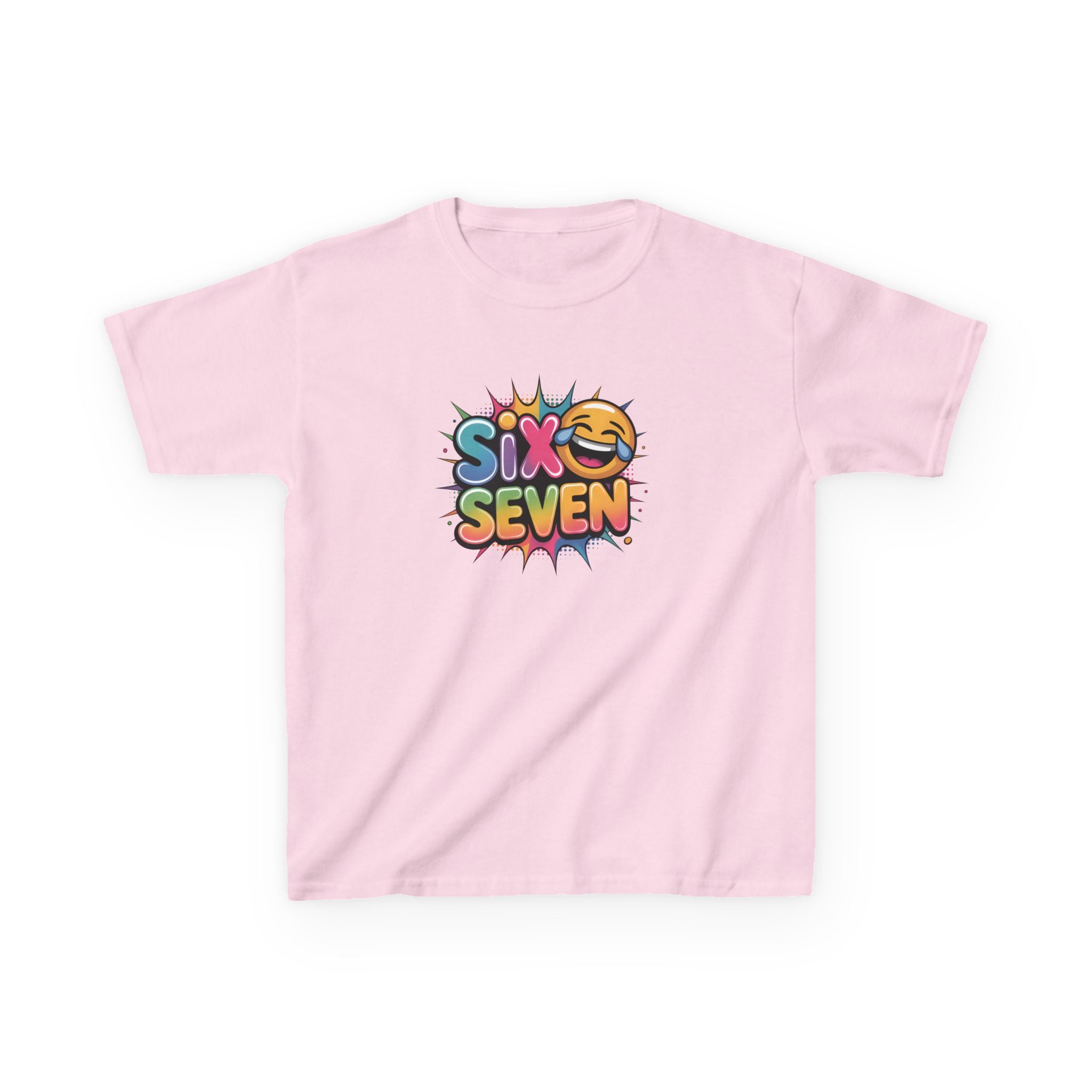 Pink t-shirt with 'Six Seven' design on a white background