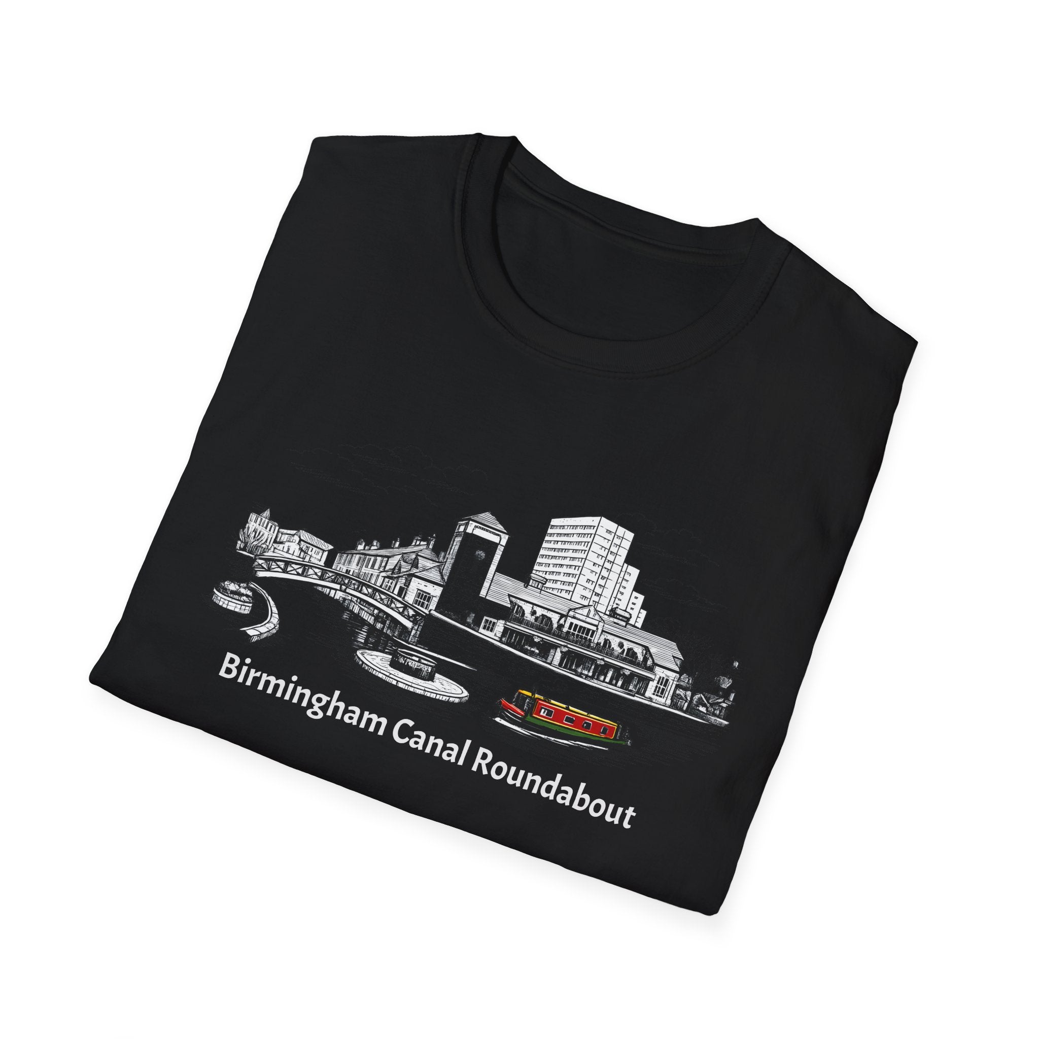 Black t-shirt with white graphic design of Birmingham Canal Roundabout on a white background