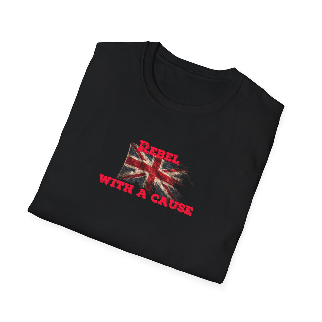 Black t-shirt with a Union Jack design and 'Rebel with a Cause' text on a white background