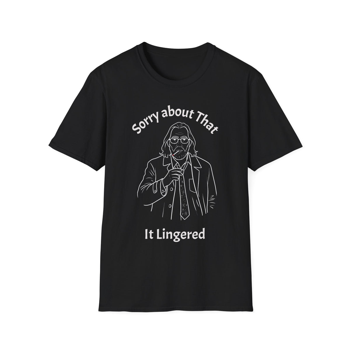 A black short-sleeve crewneck t-shirt featuring a central graphic of a standing figure jackson lamb design inside, set against a plain white background.