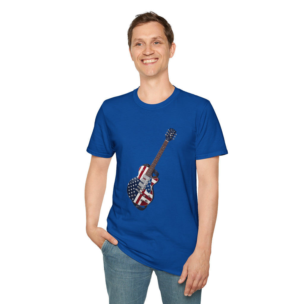 Man wearing a blue t-shirt with a graphic of an American flag guitar on a white background