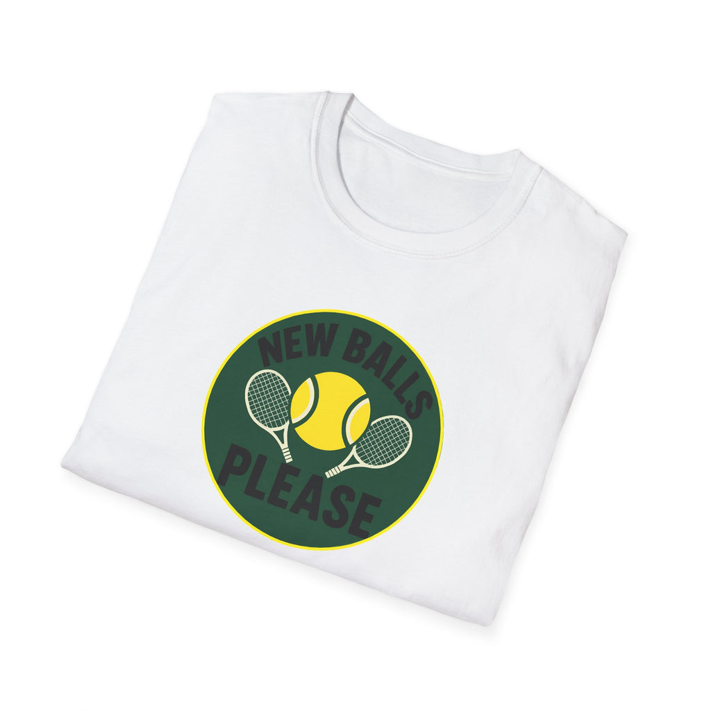 White t-shirt with a graphic design of tennis rackets and balls on a white background
