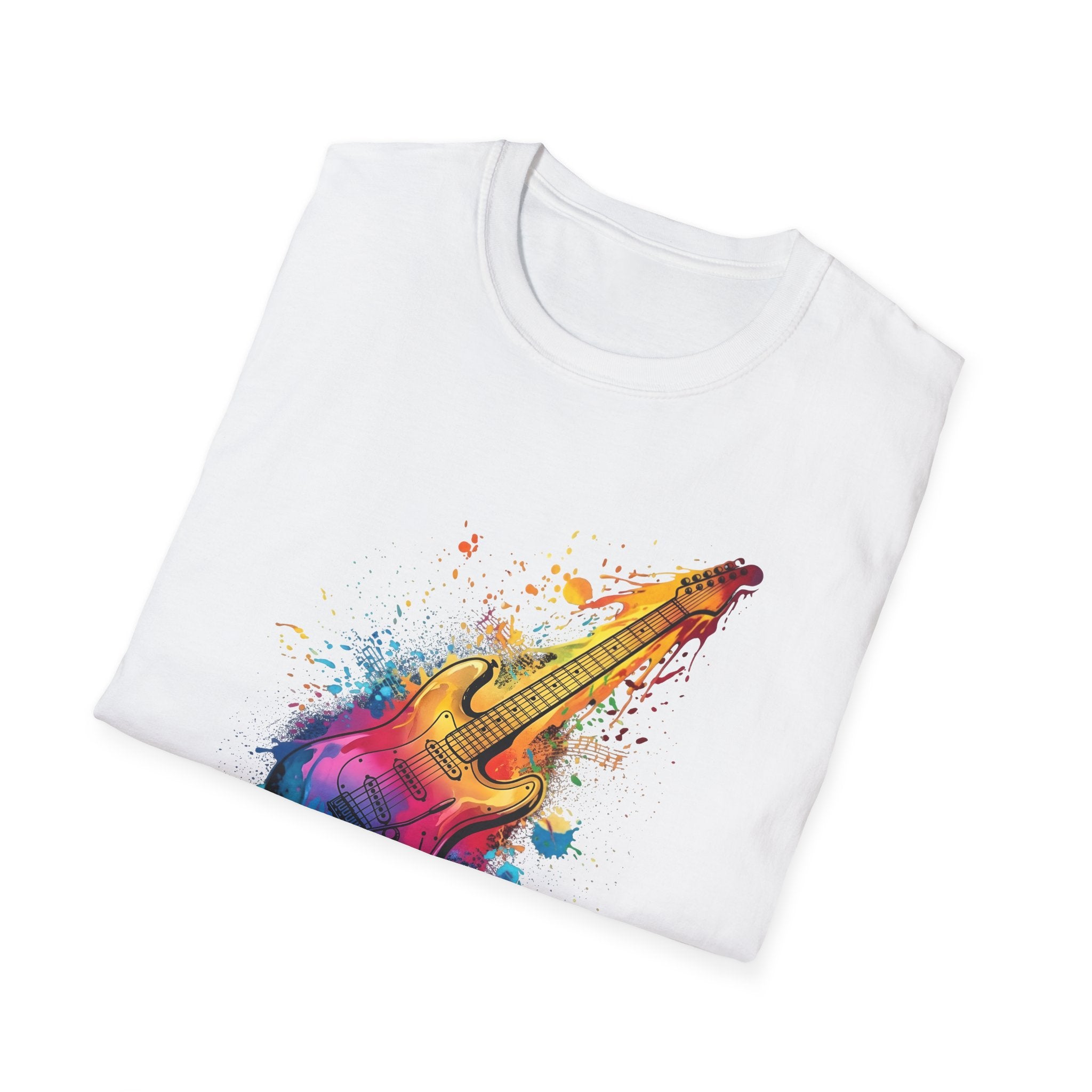 White t-shirt with a colorful guitar design on a white background