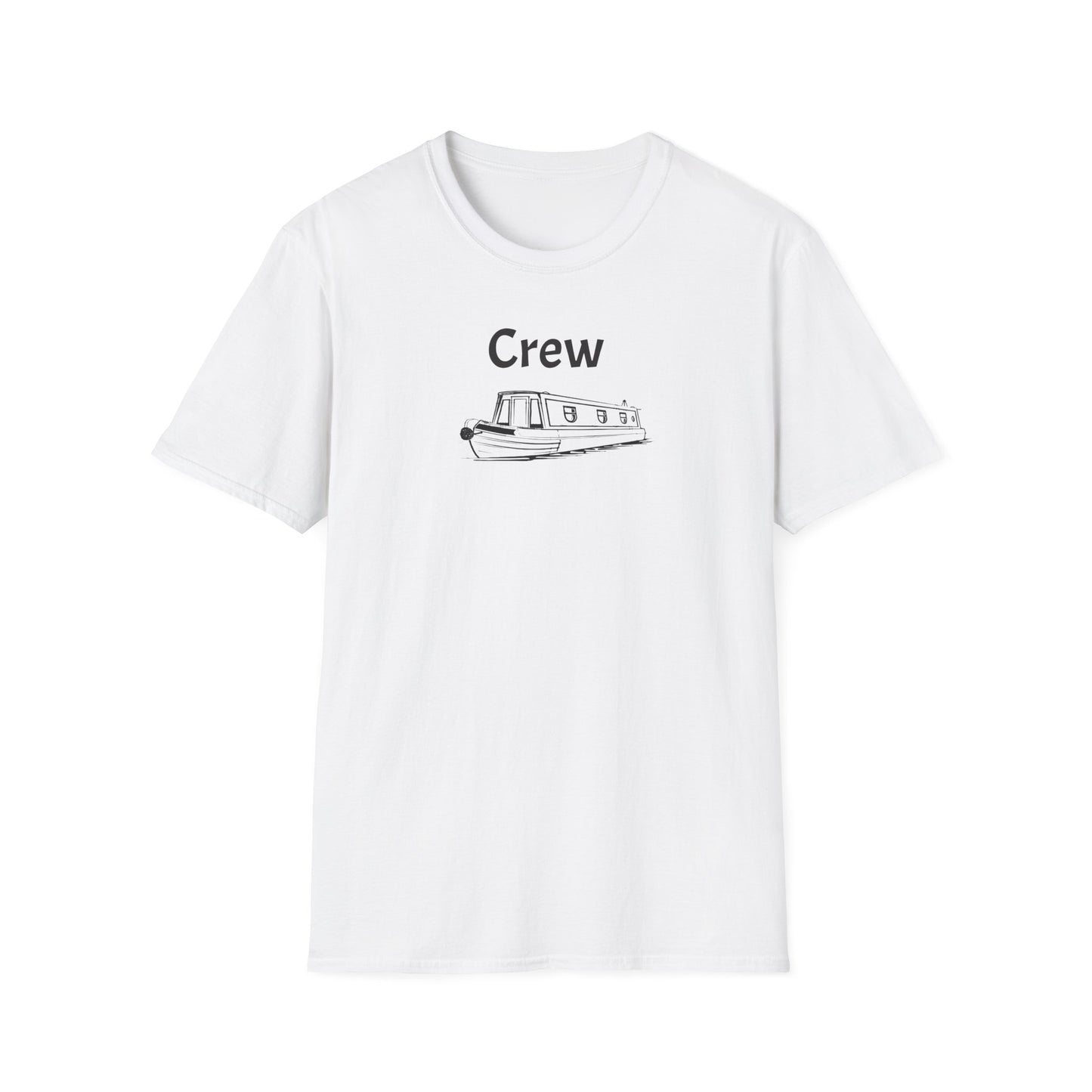 White t-shirt with 'Crew' and a boat graphic on a white background