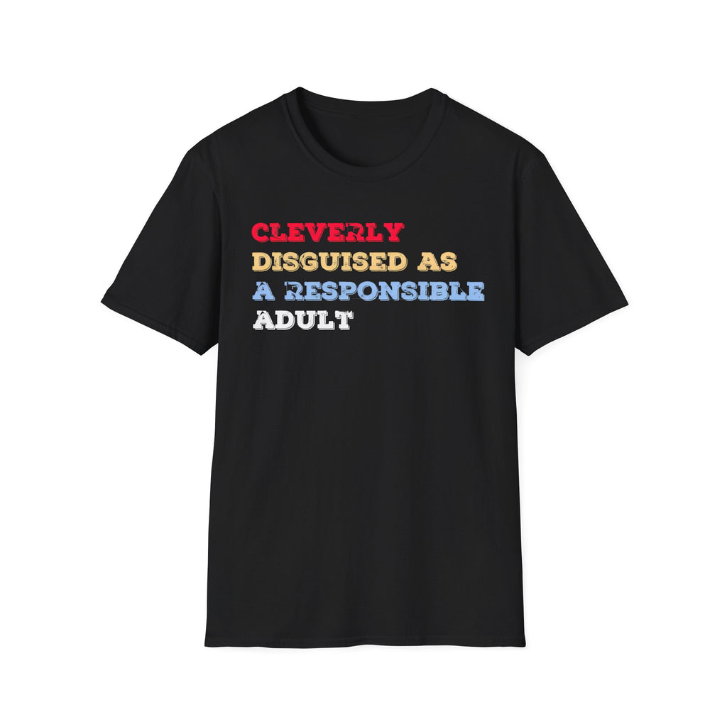 Black t-shirt with colorful text on a white background
