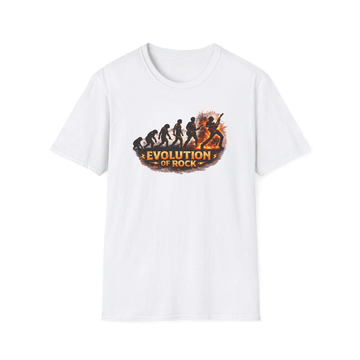 White t-shirt with 'Evolution of Rock' graphic design on a white background