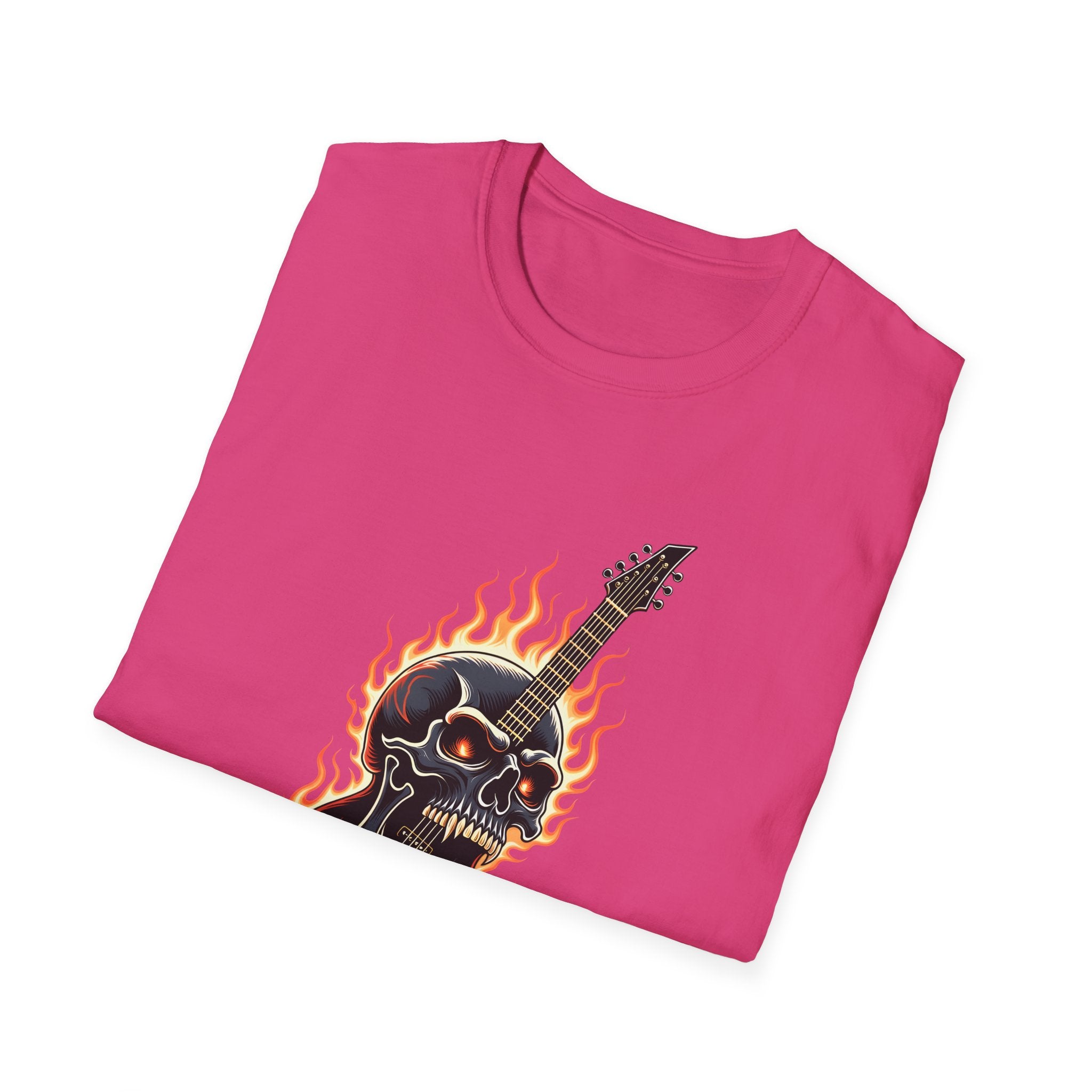 Pink t-shirt with a flaming skull and guitar design on a white background