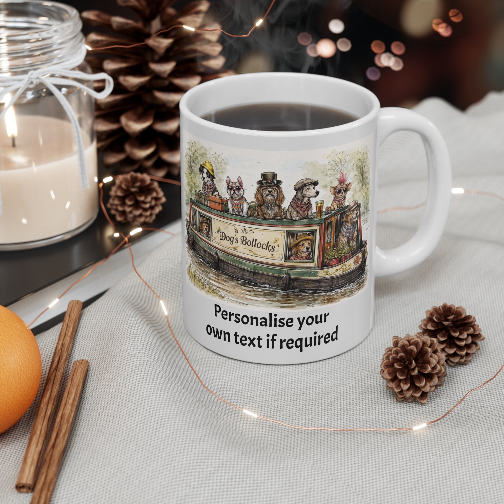 Personalise A Day on the Canal with Friends – Narrowboat “The Dog’s Bollocks” Mug | Eccentric Dogs Canal Art Printify