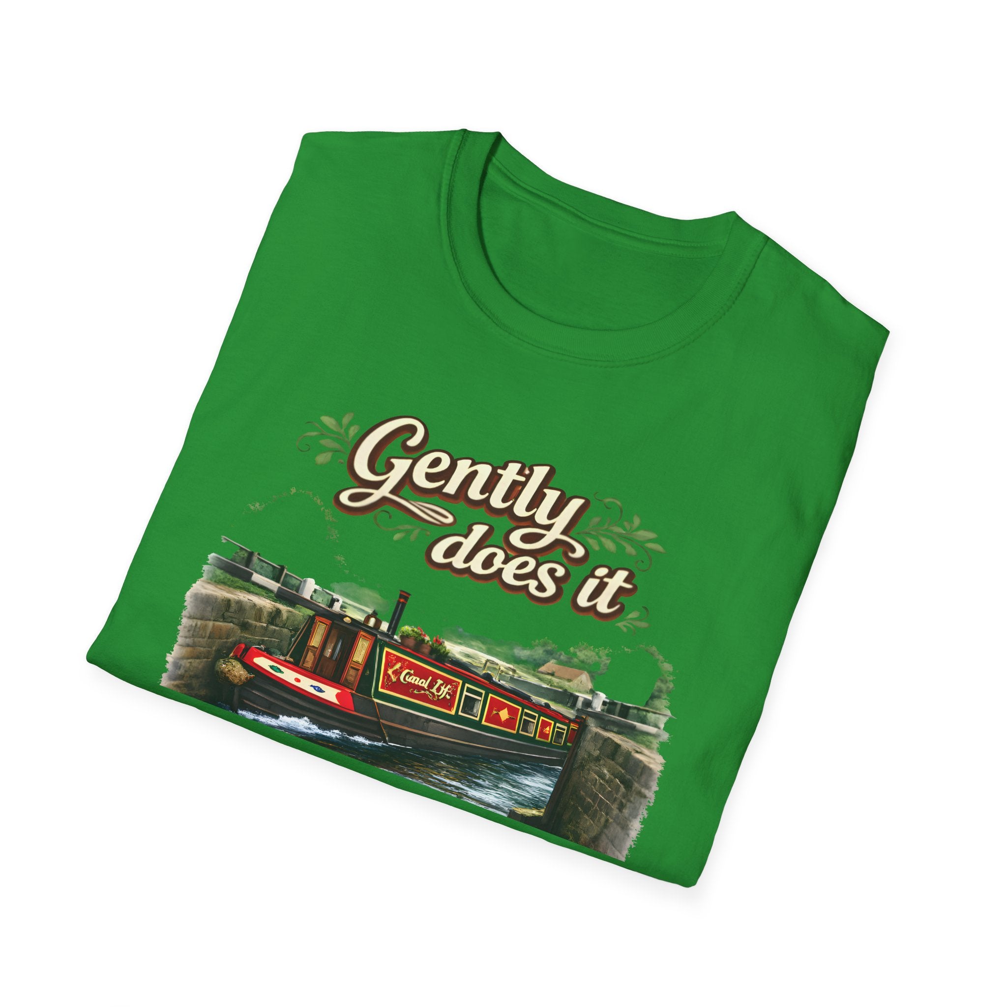 T-Shirt — "Gently Does It" Canal Boat Vintage Travel Tee Printify