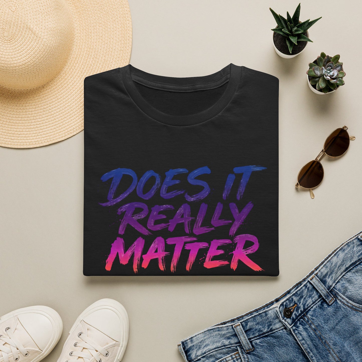 Does It Really Matter black T-Shirt — Casual Graphic Tee with Gradient Brush Lettering Printify