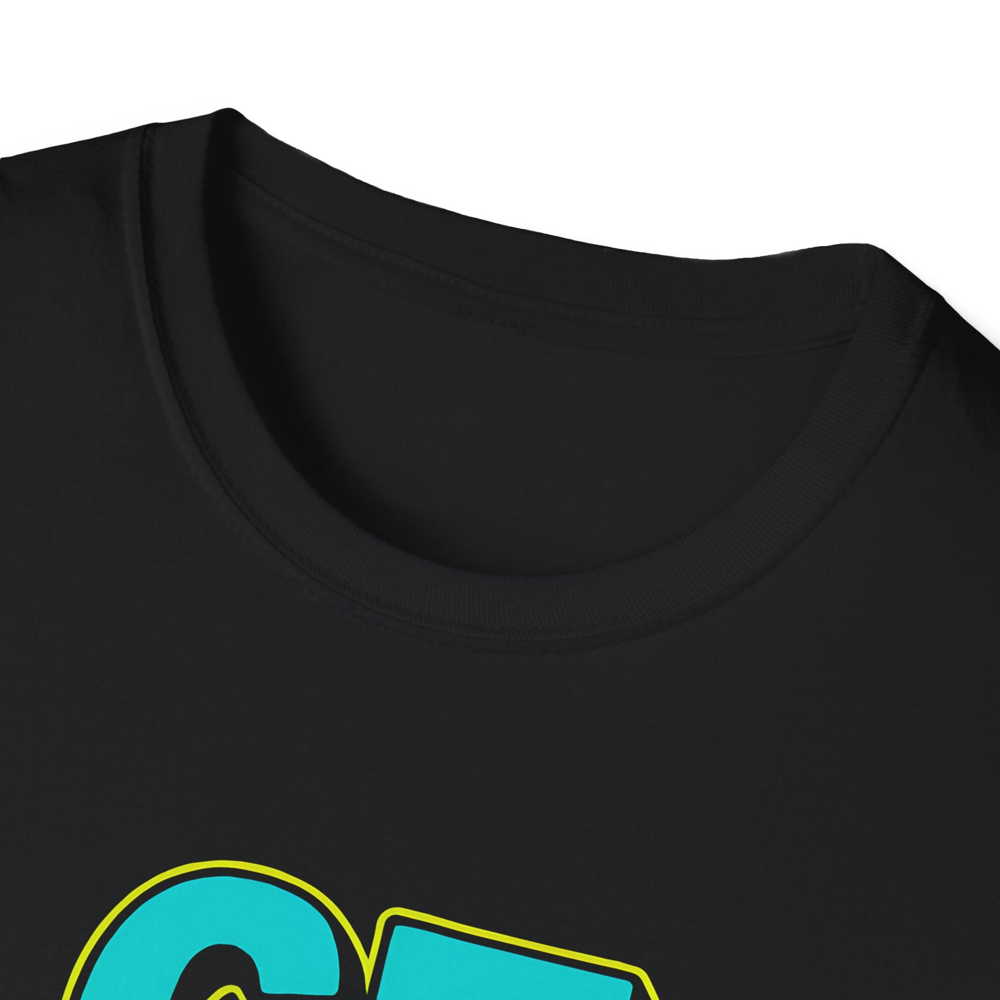 Black t-shirt with a colorful logo on a white background