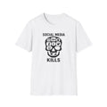  Anti-social media skull design white T-Shirt with the message 'social media kills' 