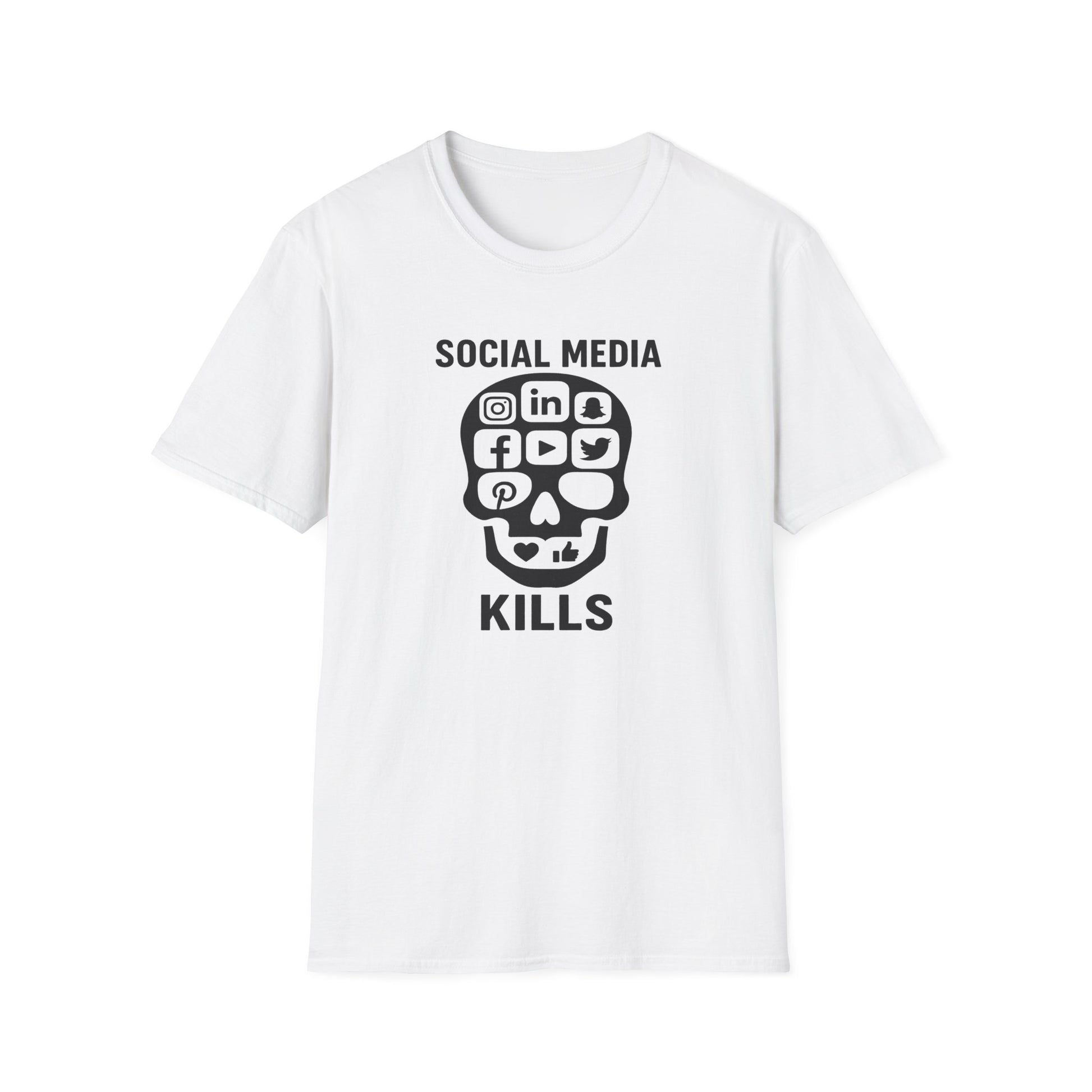  Anti-social media skull design white T-Shirt with the message 'social media kills' 