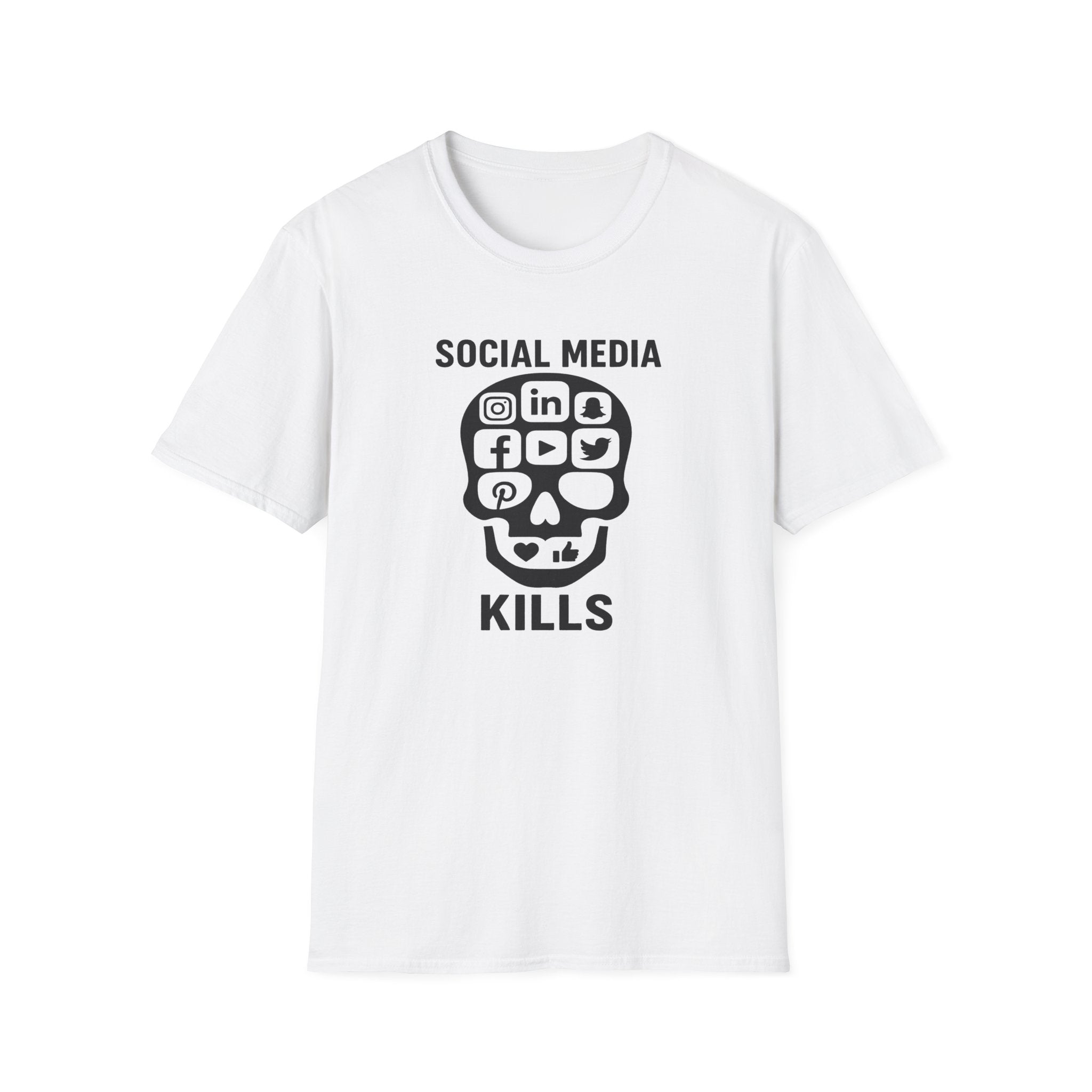  Anti-social media skull design white T-Shirt with the message 'social media kills' 