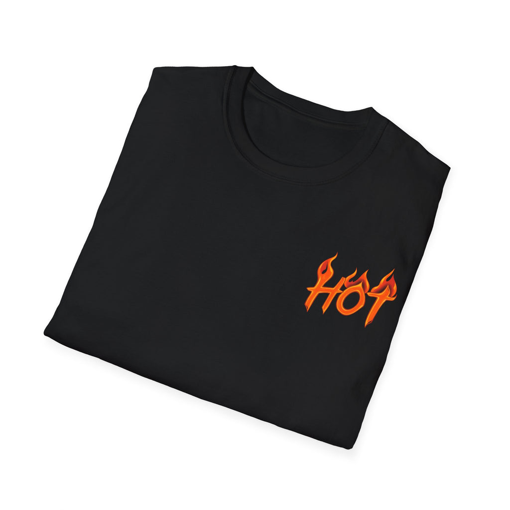 Folded Black t-shirt with orange logo "HOT"  on a white background