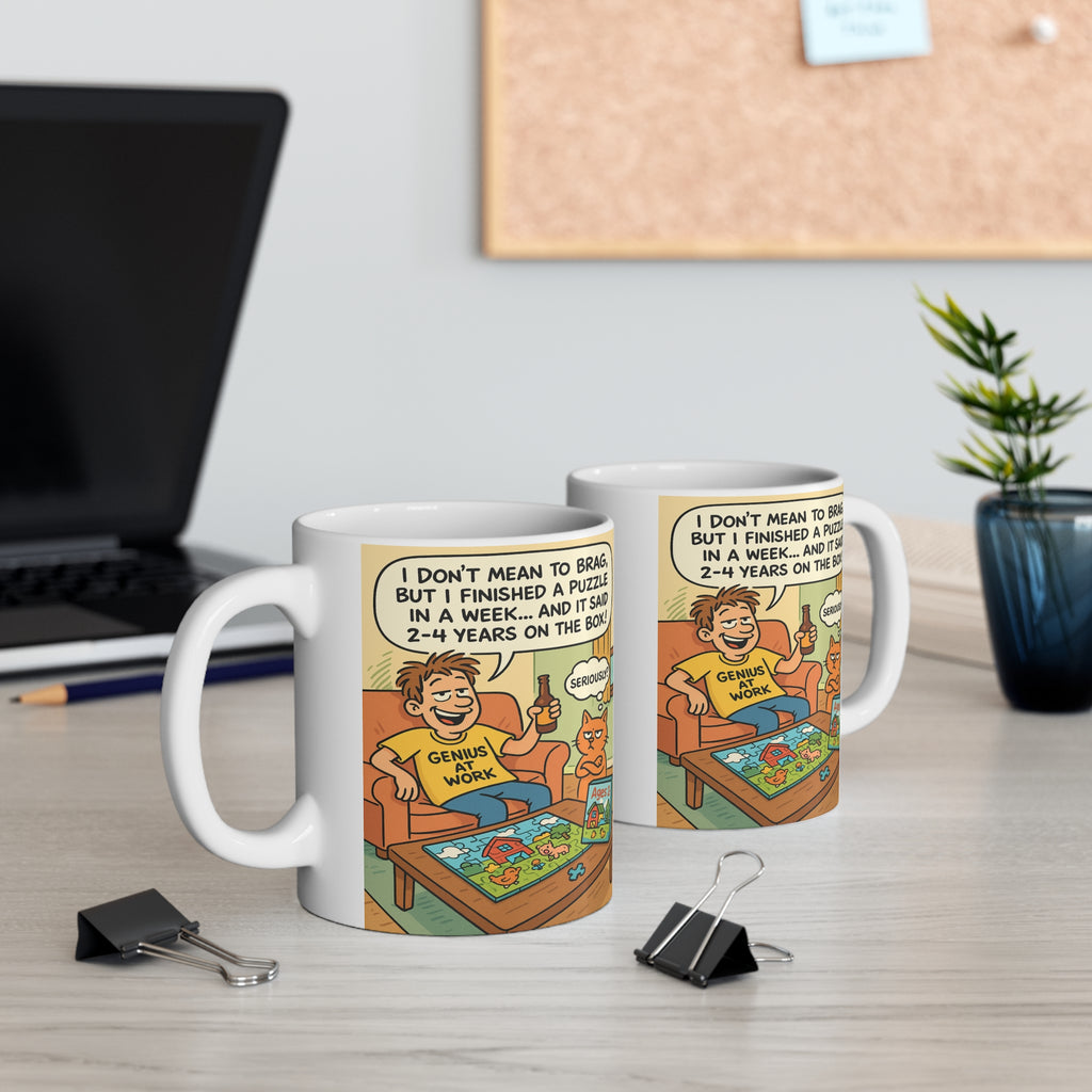 Two Mugs with a cartoon design of a man and cat playing with a  jigsaw puzzle, featuring humorous text.
