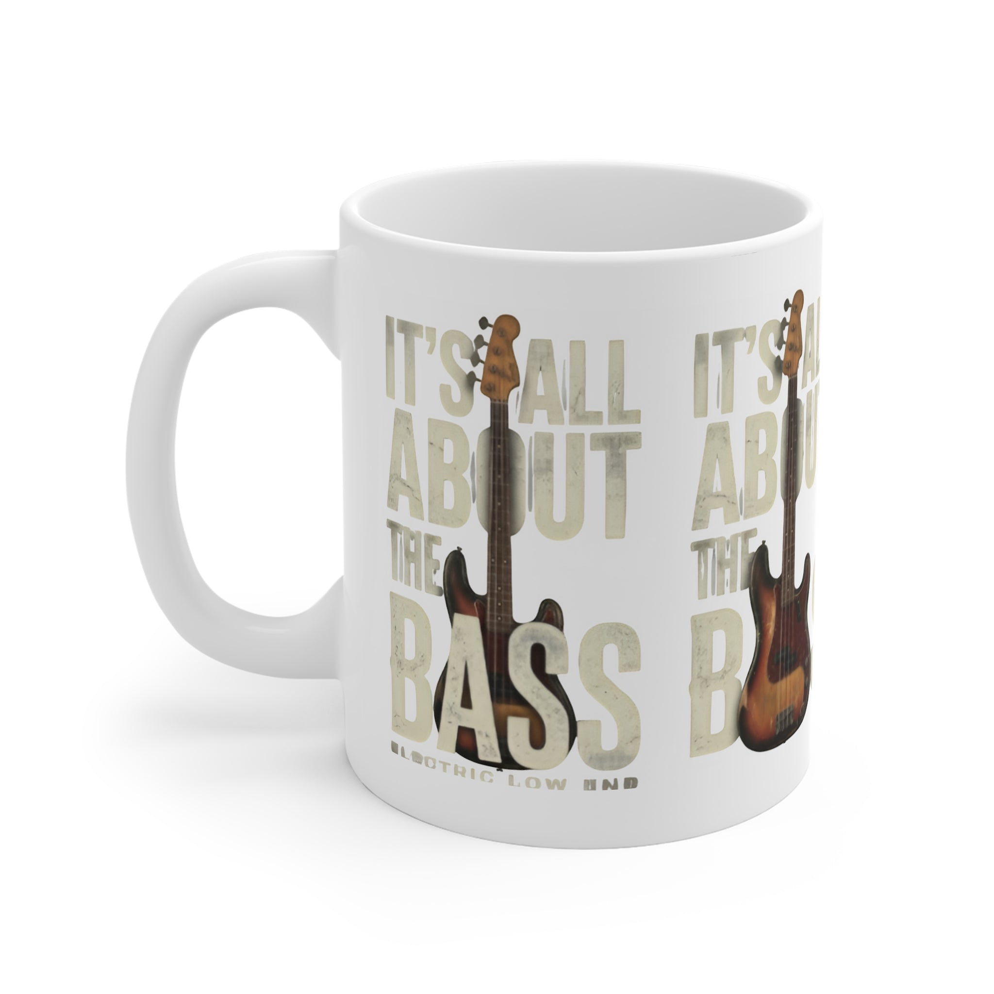 White mug with bass guitar design and text on a white background