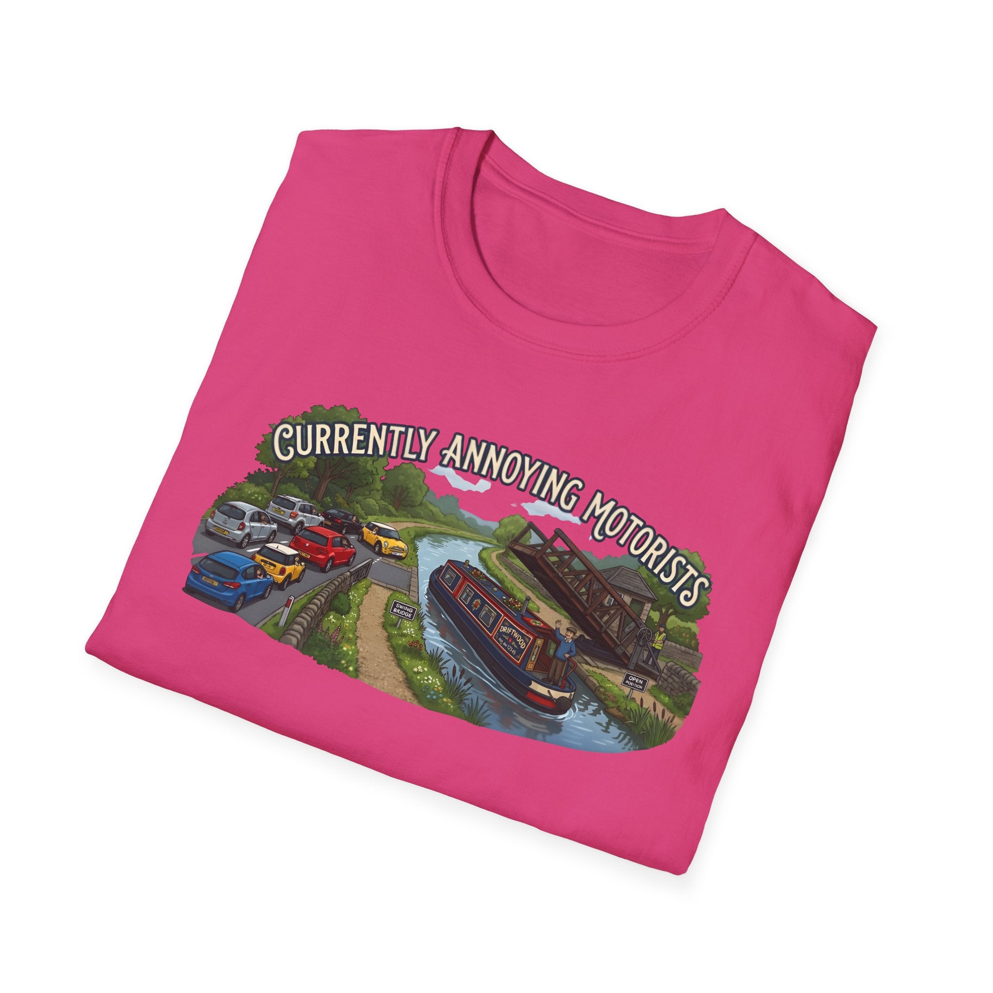 Canal Narrowboat Swing Bridge Print – “Currently Annoying Motorists” Humorous Boat T Shirt 