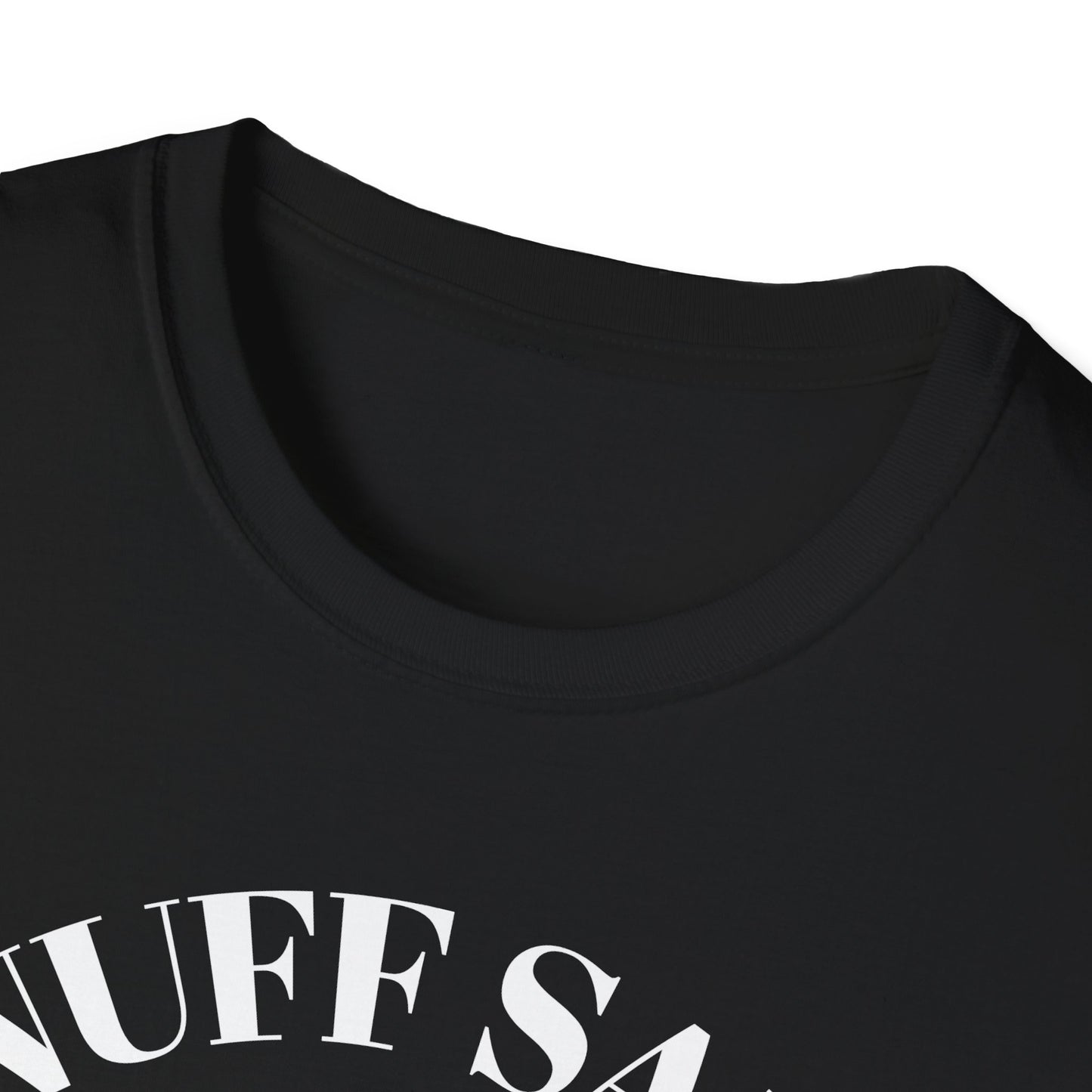 Black t-shirt with white text on a white background