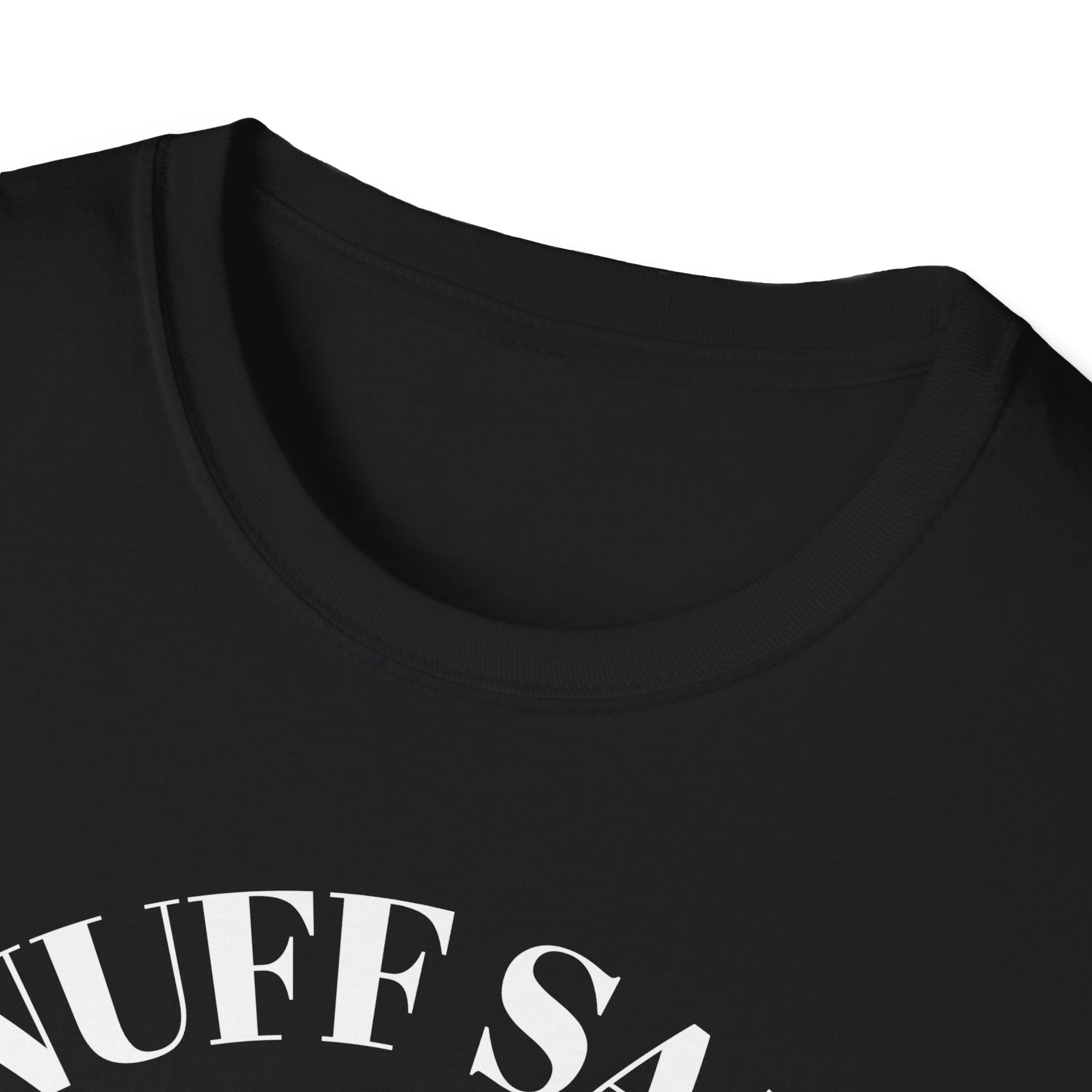 Black t-shirt with white text on a white background