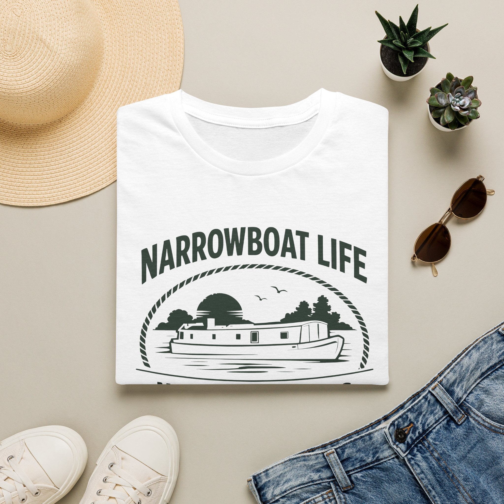 Narrowboat Life T-Shirt – 'No Rush • No Fuss' Canal Boat Tee Printify