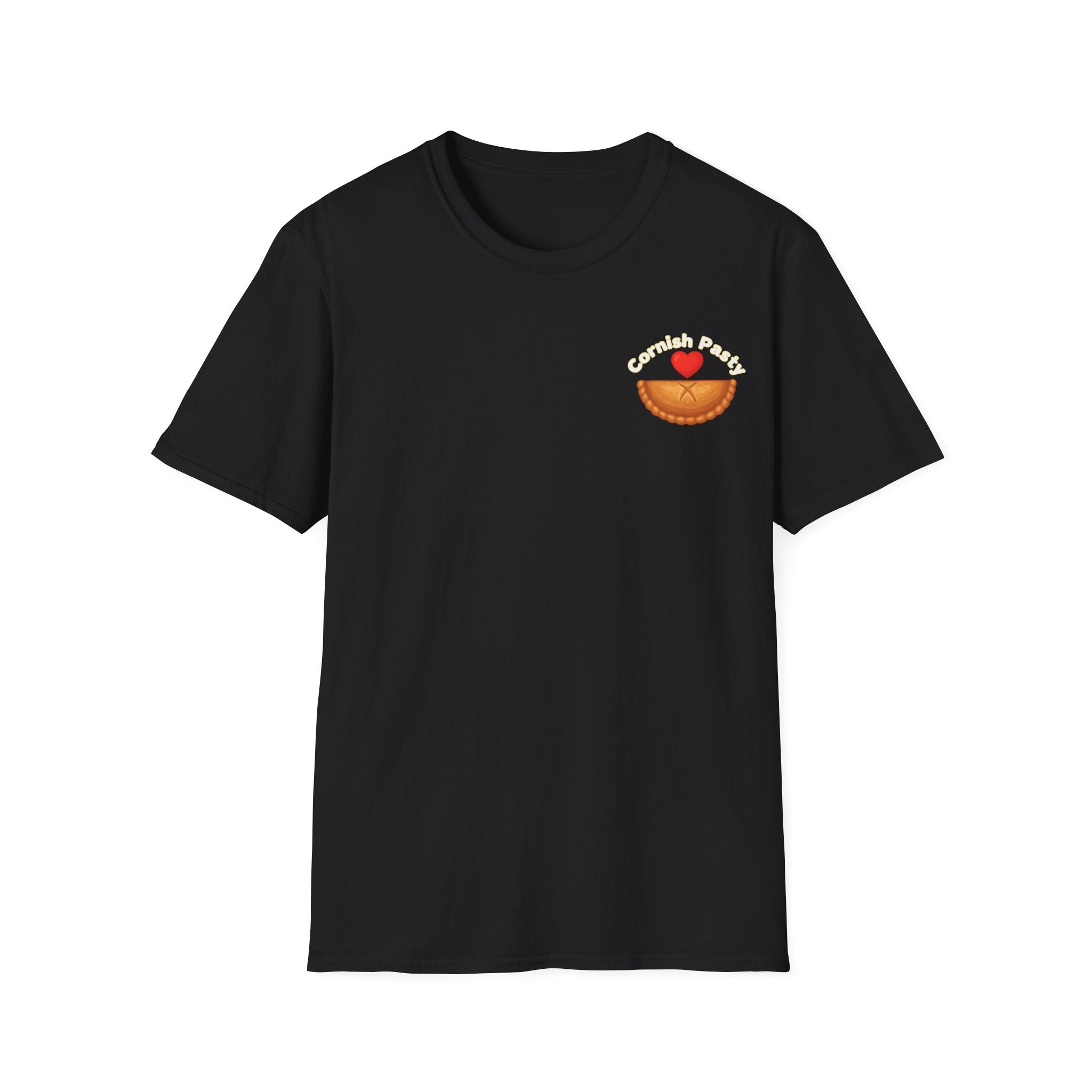 black t-shirt with a graphic design, I love Cornish pasty on a white background